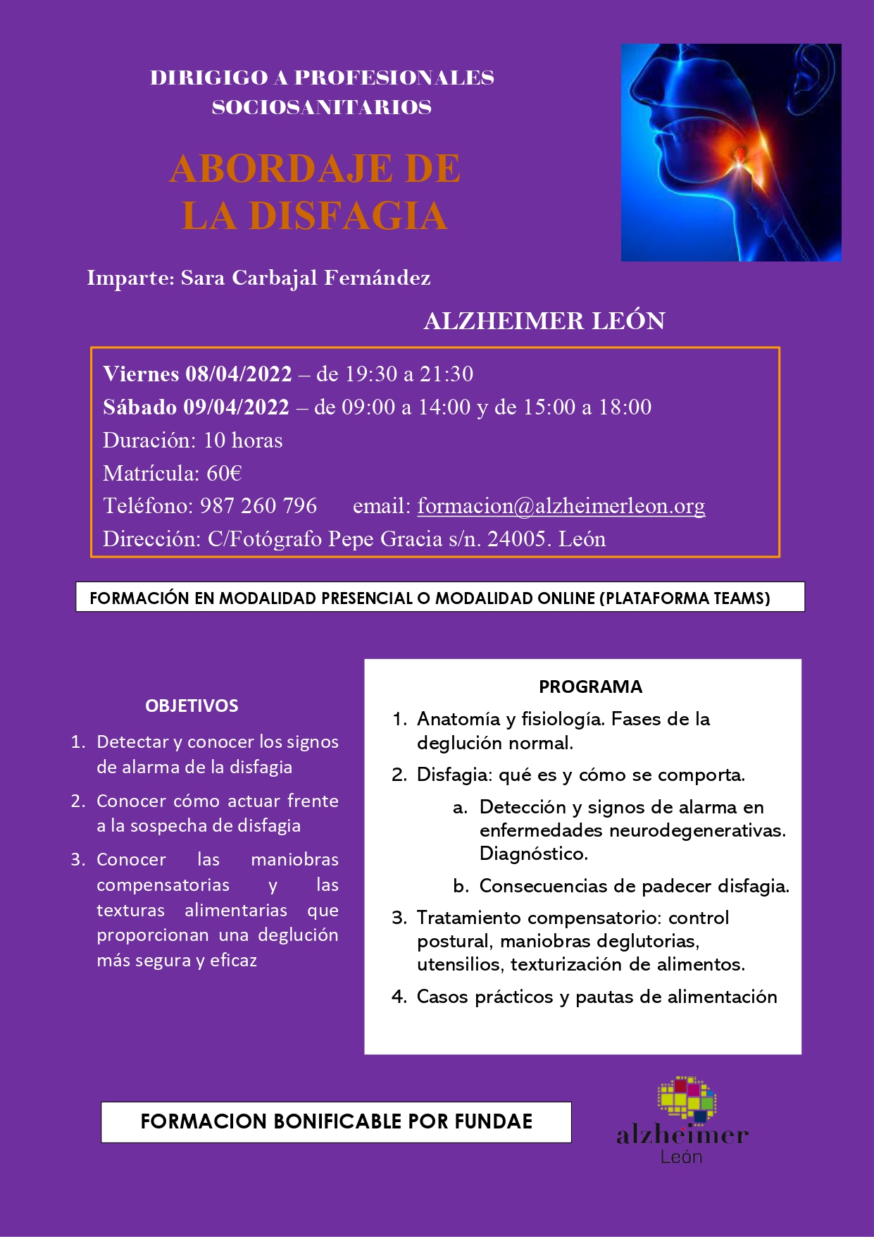 cartel-curso-disfagia-alzheimer-leon-2022 Curso de formacion en abordaje de la disfagia organizado por la asociacion alzheimer leon . formacion bonificable por Fundae