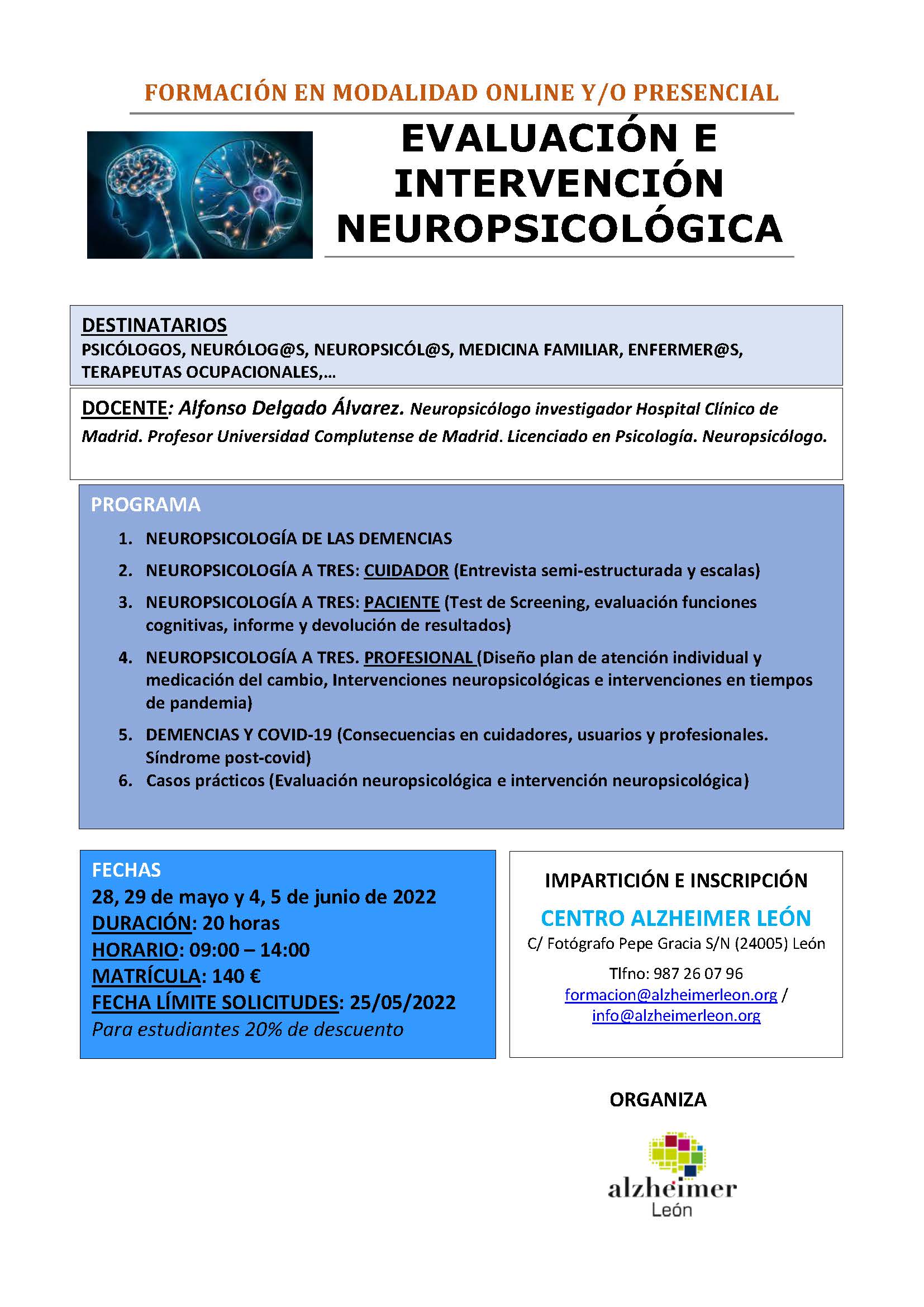 cartel curso evaluación e intervención neuropsicológica dirigido a profesionales, psicólogos, neuropsicólogos.