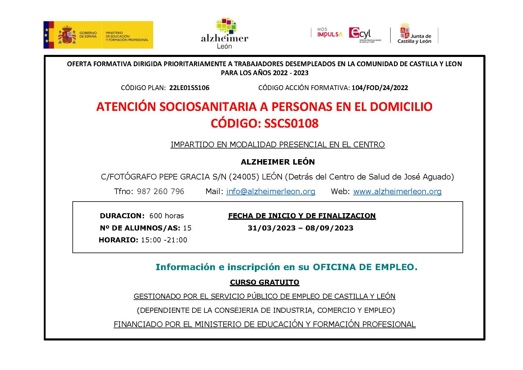 cartel curso de formación gratuito código SSCS0108 en atención sociosanitaria a personas en el domicilio