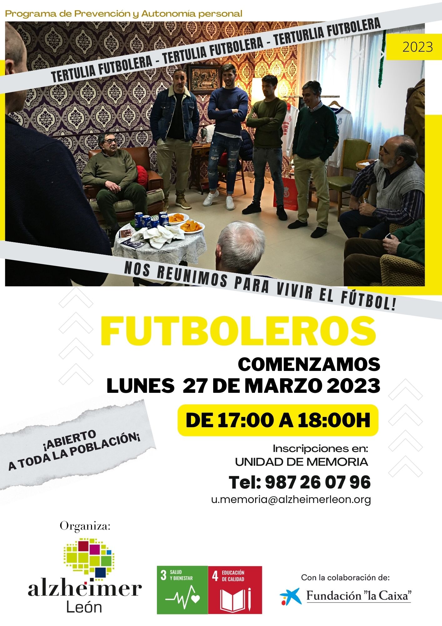 cartel de tertulia futbolera del taller futboleros en unidad de memoria en alzheimer leon