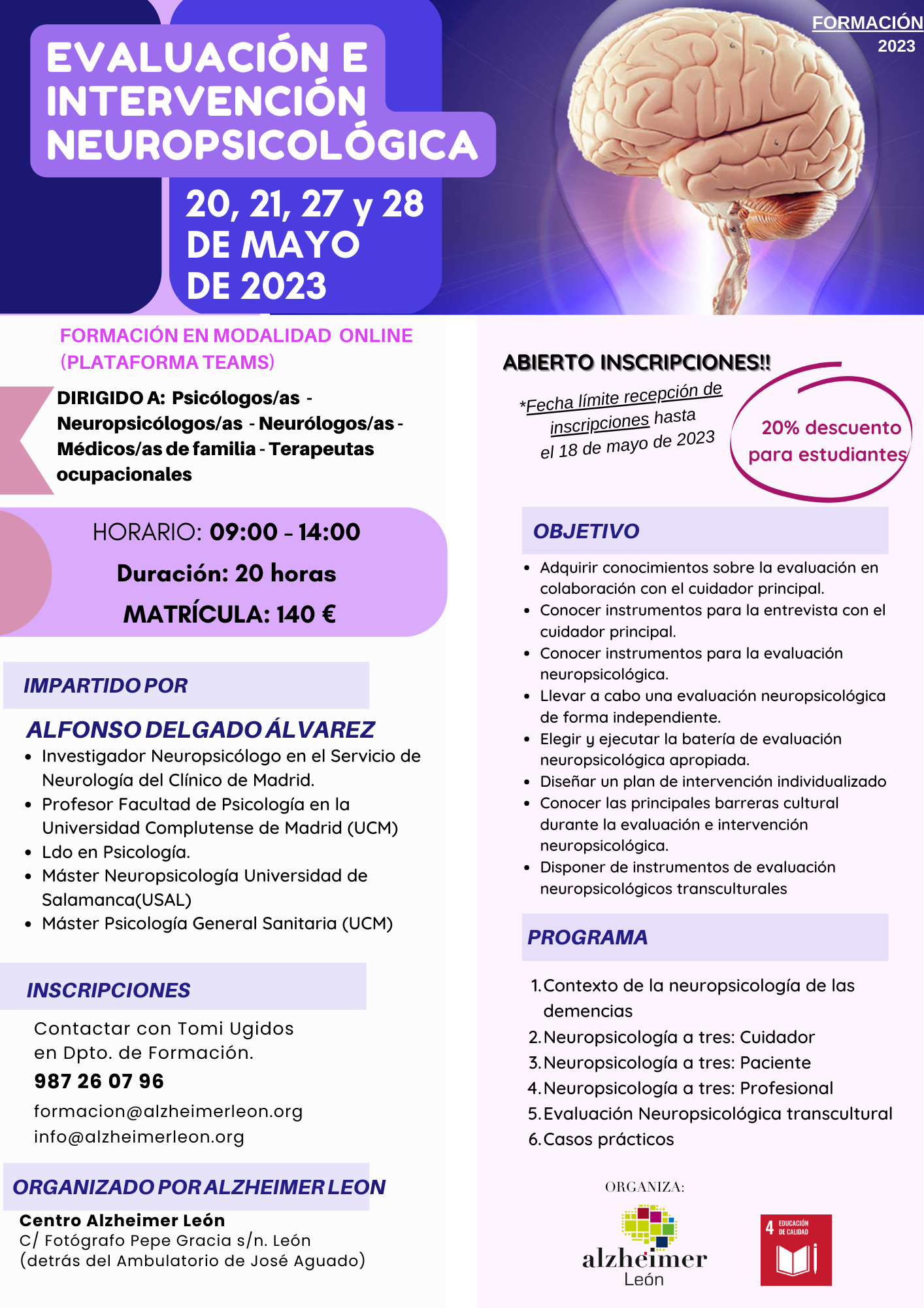 cartel curso evaluación e intervencion neuropsicológica en mayor del 2023 con 20 por ciento descuento para estudiantes