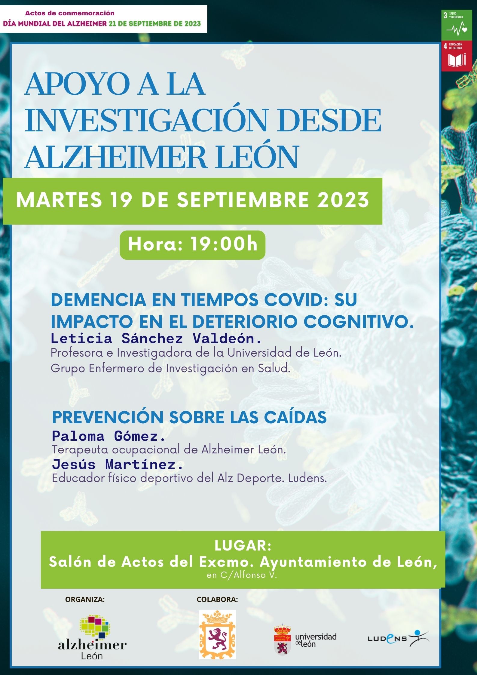 cartel-apoyo-a-la-investigacion-desde-Alzheimer-León-2023 Cartel Ponencias Apoyo a la investigación desde Alzheimer León en Salón de actos del Ayuntamiento de León el martes 19 de septiembre de 2023