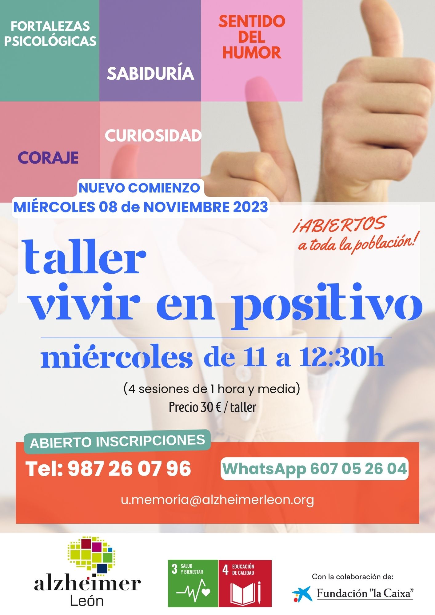 cartel taller vivir en positivo abierto a toda la población del programa Somos Mas en Alzheimer León 2023